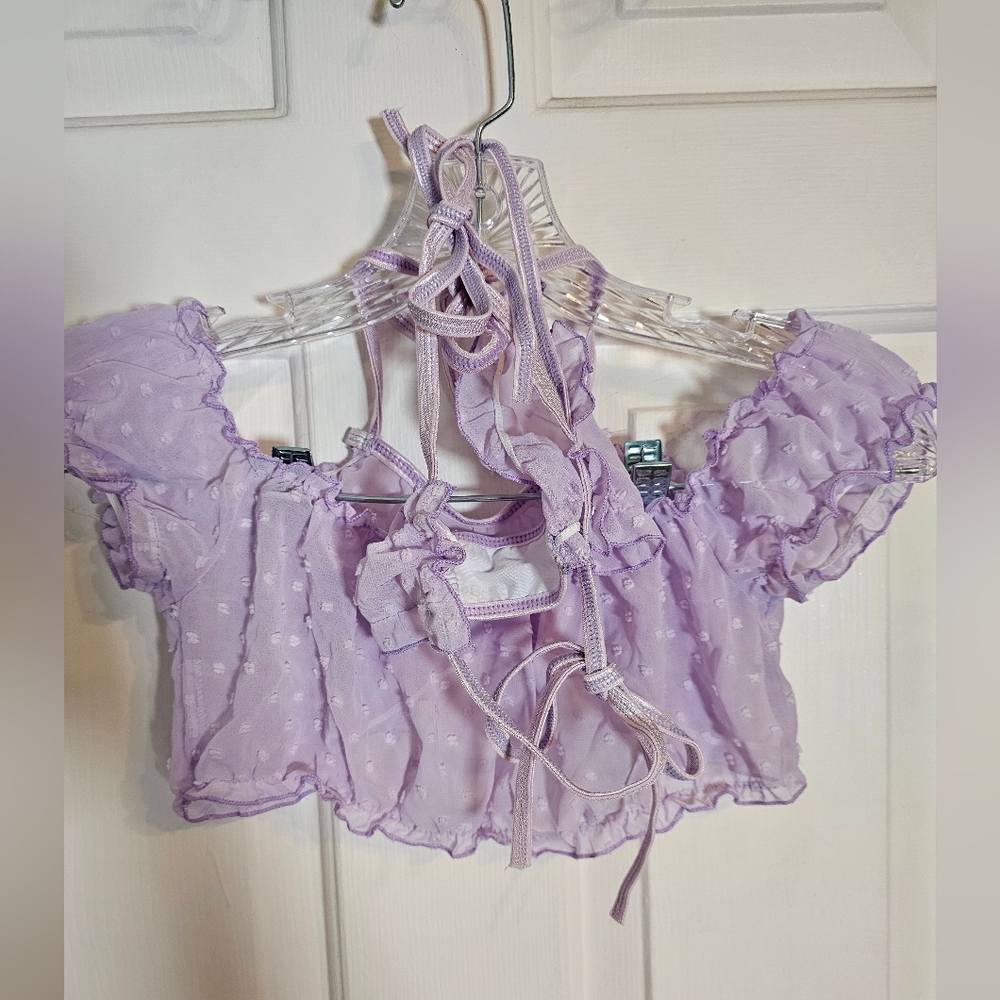 Lavender Ruffled Women's Tie Sheer Mesh Lingerie Set